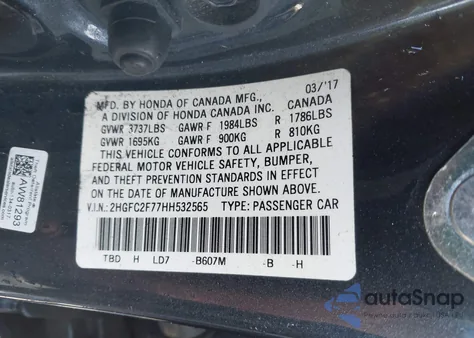 2017 Honda Civic Ex z USA, uszkodzony, nr VIN 2HGFC2F77HH532565